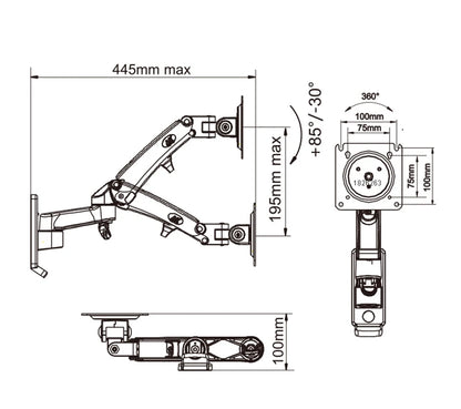 North Bayou NB F150 Gas Spring Monitor & TV Wall Mount Arm (17–35 Inch, 3–12kg Load) - Harotix