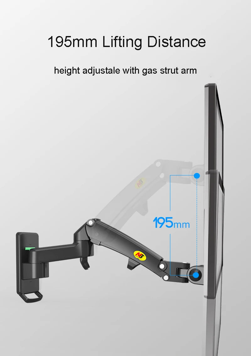 North Bayou NB F150 Gas Spring Monitor & TV Wall Mount Arm (17–35 Inch, 3–12kg Load) - Harotix