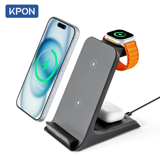 KPON 3-in-1 Wireless Charging Stand – Fast Charger for iPhone, Apple Watch & AirPods - Harotix