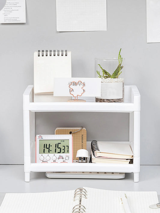 Double-Layer Desktop Storage Rack – White Rectangular Organizer for Office, Desk & Cosmetics - Harotix