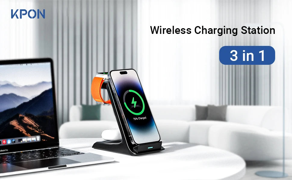 KPON 3-in-1 Wireless Charging Stand – Fast Charger for iPhone, Apple Watch & AirPods - Harotix