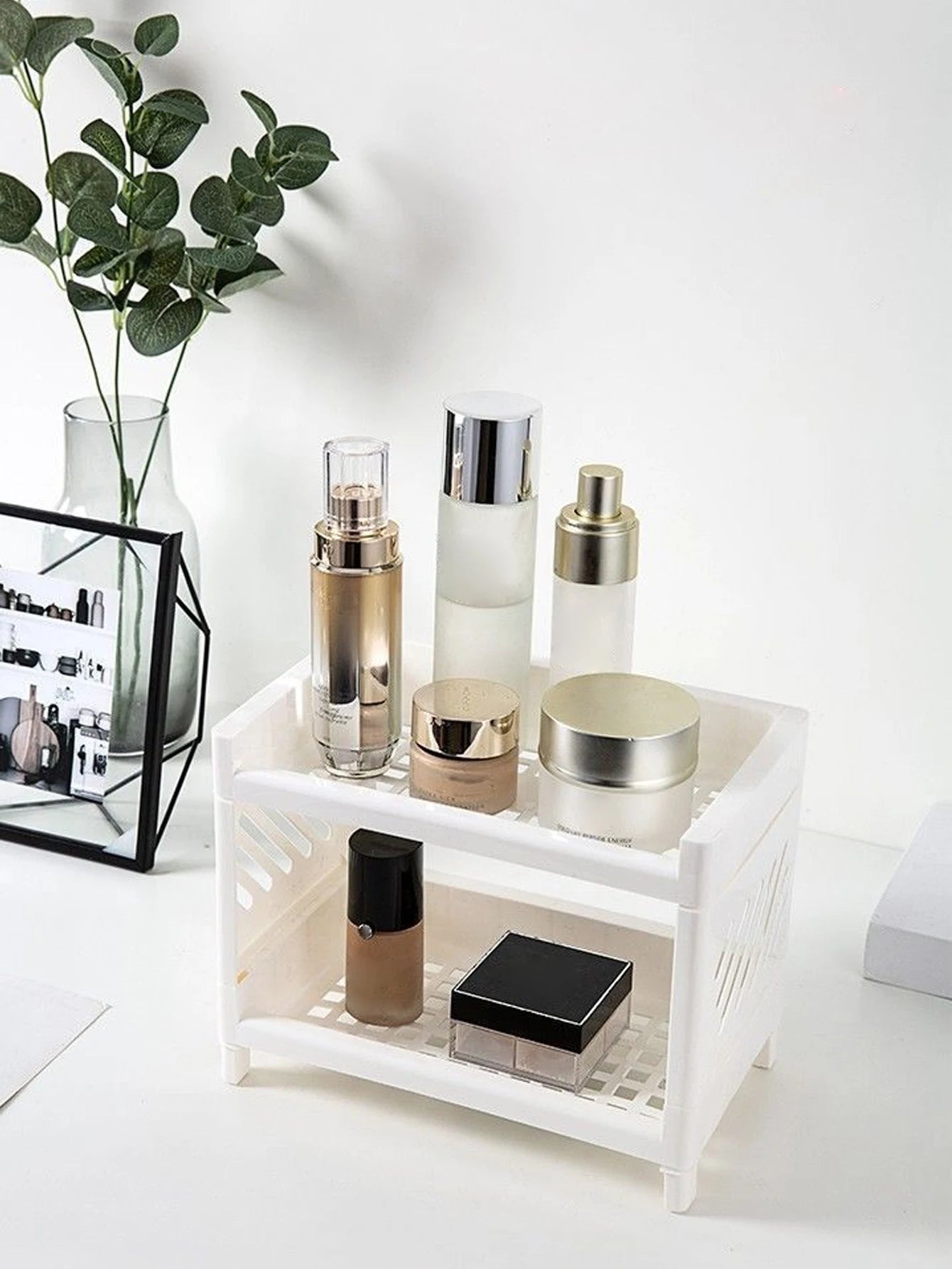 Double-Layer Desktop Storage Rack – White Rectangular Organizer for Office, Desk & Cosmetics - Harotix