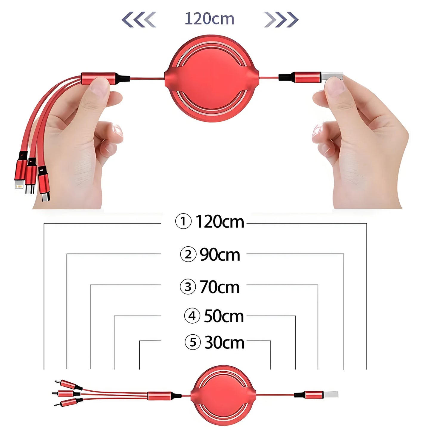 3-in-1 Retractable USB Fast Charging Cable Multi-Port Charger Cord - Harotix