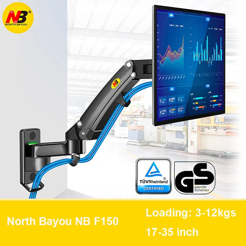 North Bayou NB F150 Gas Spring Monitor & TV Wall Mount Arm (17–35 Inch, 3–12kg Load) - Harotix