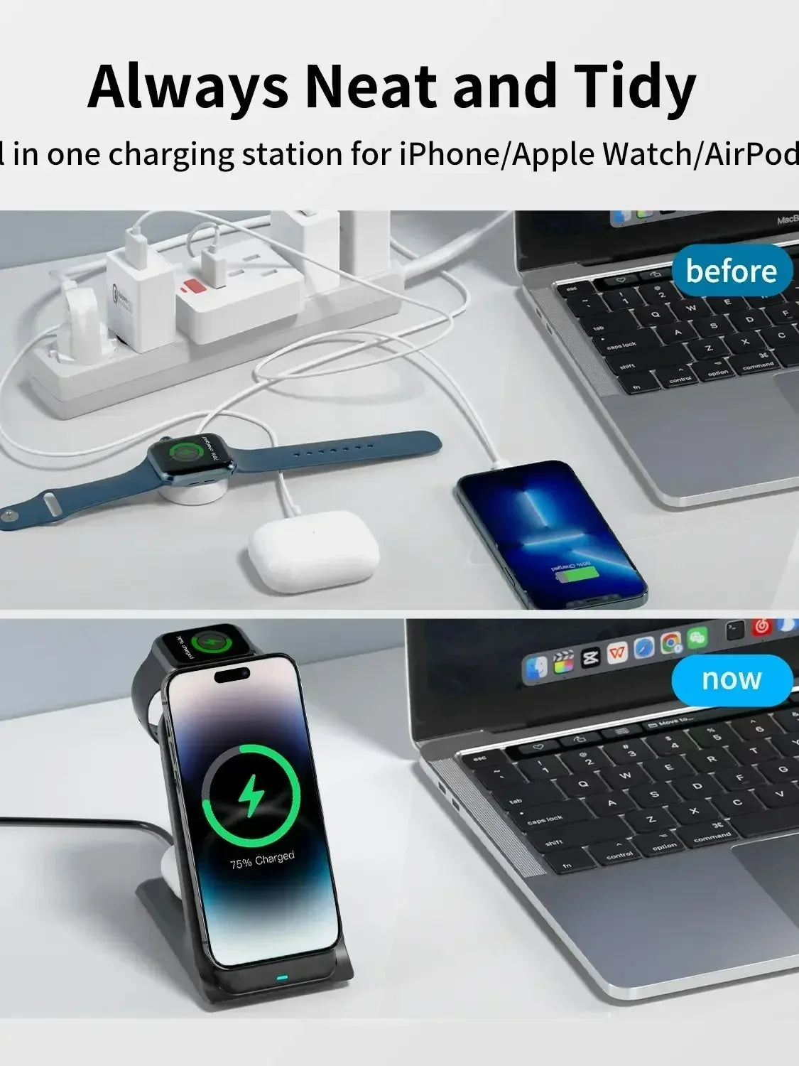 KPON 3-in-1 Wireless Charging Stand – Fast Charger for iPhone, Apple Watch & AirPods - Harotix