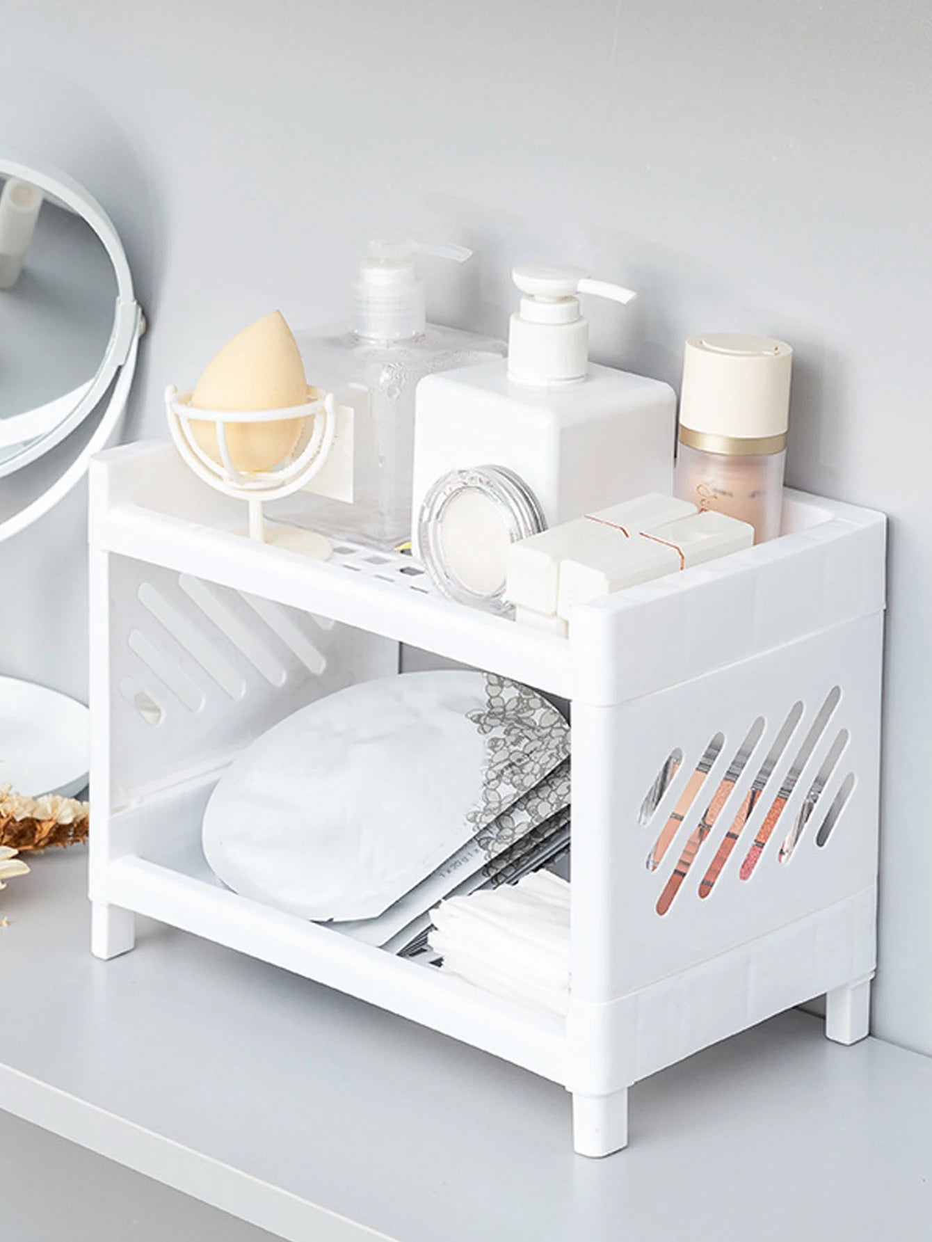 Double-Layer Desktop Storage Rack – White Rectangular Organizer for Office, Desk & Cosmetics - Harotix