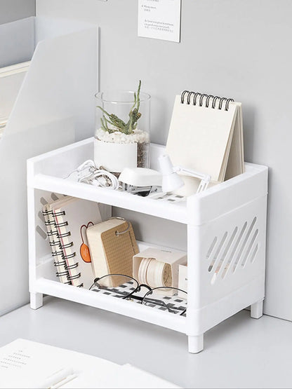 Double-Layer Desktop Storage Rack – White Rectangular Organizer for Office, Desk & Cosmetics - Harotix