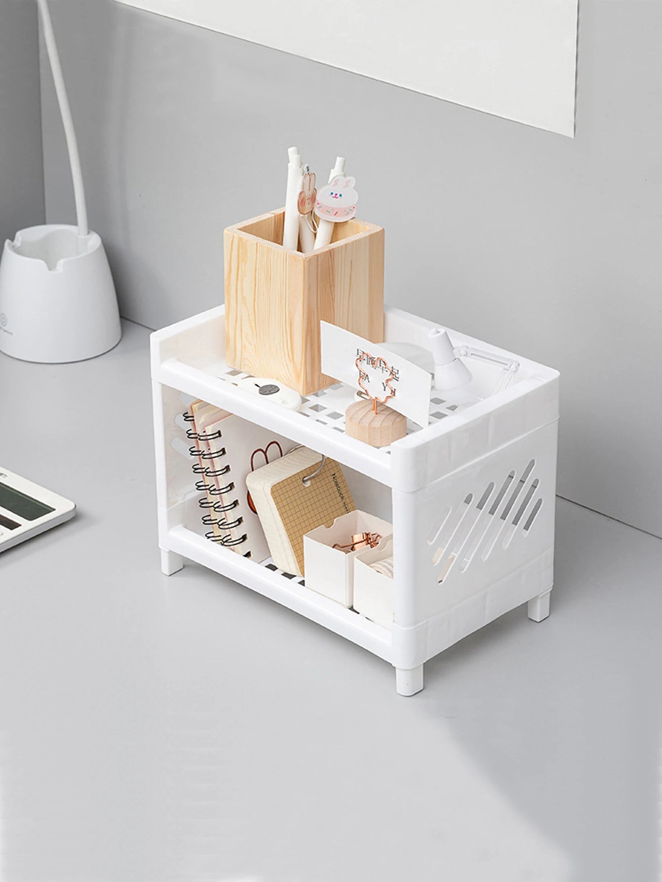 Double-Layer Desktop Storage Rack – White Rectangular Organizer for Office, Desk & Cosmetics - Harotix