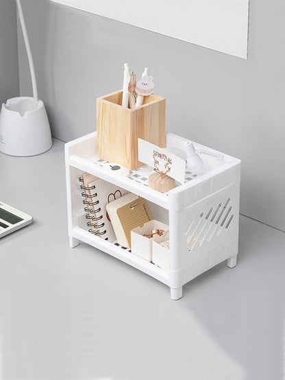 Double-Layer Desktop Storage Rack – White Rectangular Organizer for Office, Desk & Cosmetics - Harotix