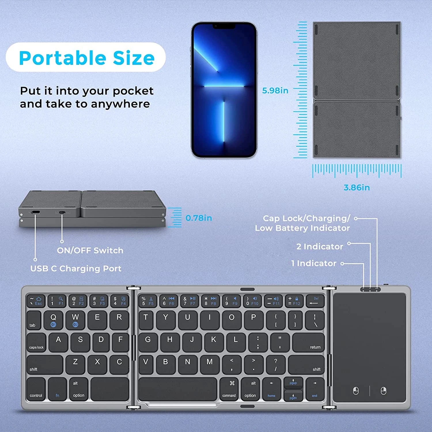 Dual Bluetooth 5.1 Foldable Mini Keyboard with Touchpad - Harotix