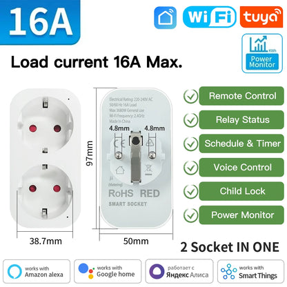 TNCE Tuya Smart Plug WiFi/Zigbee 3.0 EU Socket (16A/20A) – Power Monitor, Timer, Voice Control, Works with Alexa & Google Home - Harotix