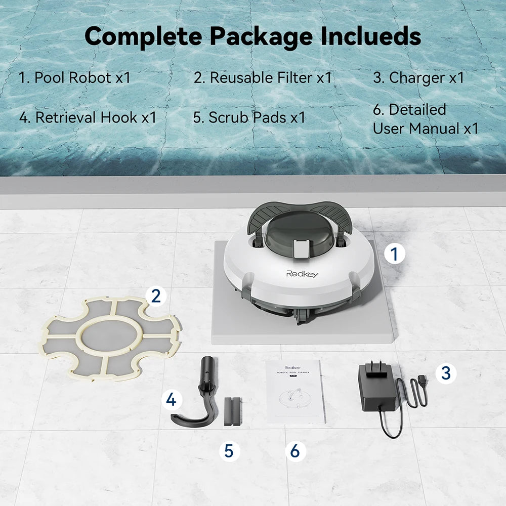 Redkey S100 Cordless Robotic Pool Cleaner – IPX8 Waterproof, 5200mAh, 130 Mins Runtime - Harotix