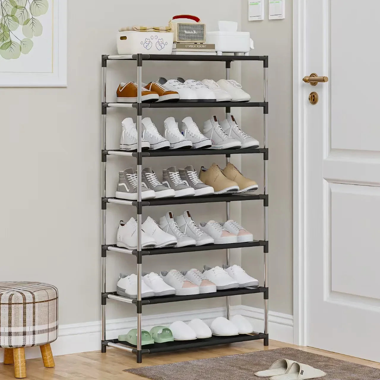 6/7 Tier Stackable Wardrobe Shoe Rack – Space-Saving Shoe Storage Organizer, Black - Harotix