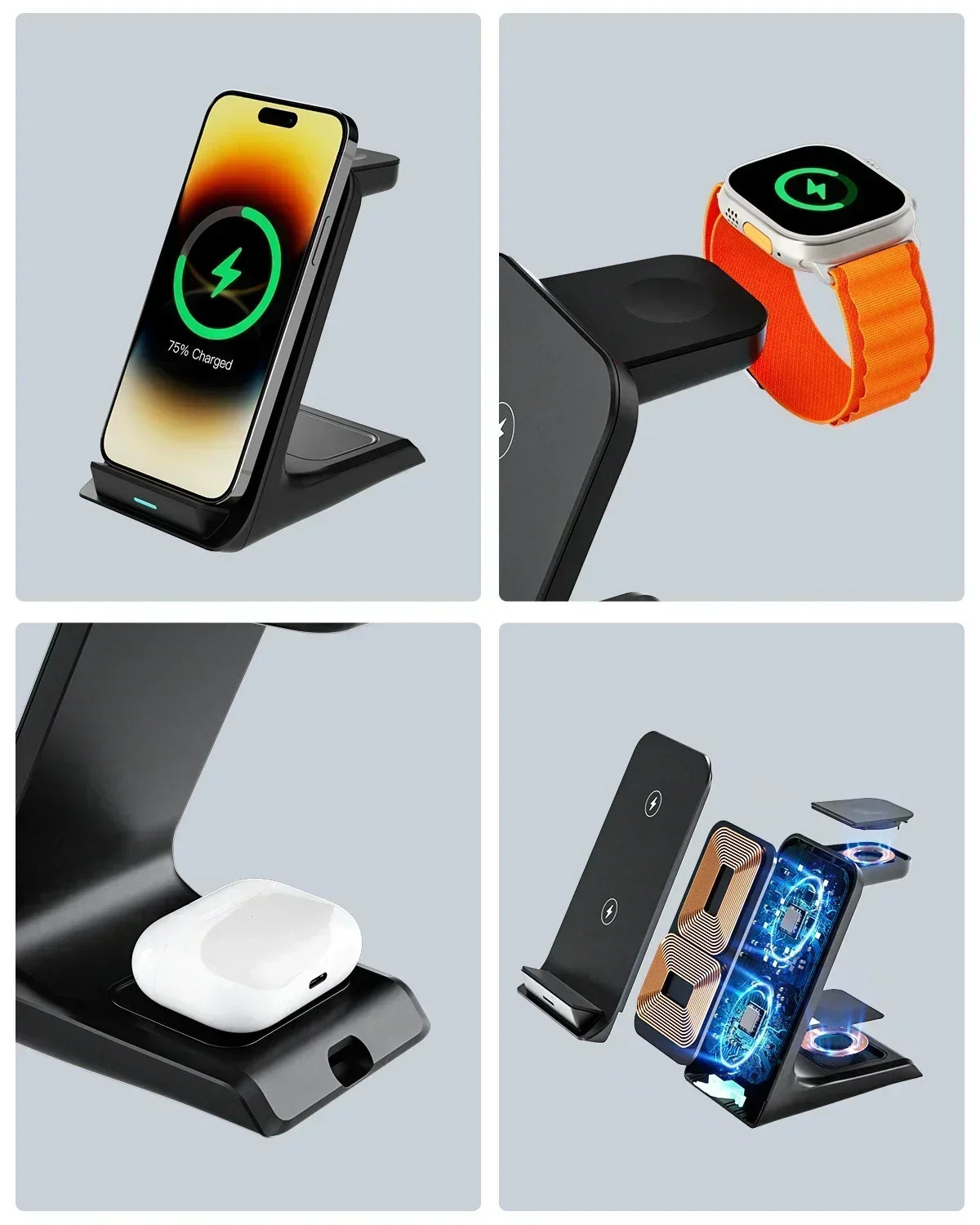 KPON 3-in-1 Wireless Charging Stand – Fast Charger for iPhone, Apple Watch & AirPods - Harotix