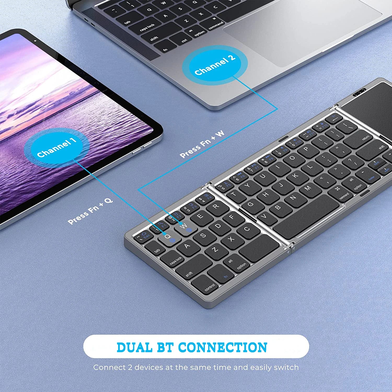 Dual Bluetooth 5.1 Foldable Mini Keyboard with Touchpad - Harotix