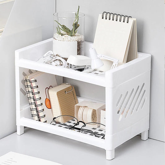 Double-Layer Desktop Storage Rack – White Rectangular Organizer for Office, Desk & Cosmetics - Harotix