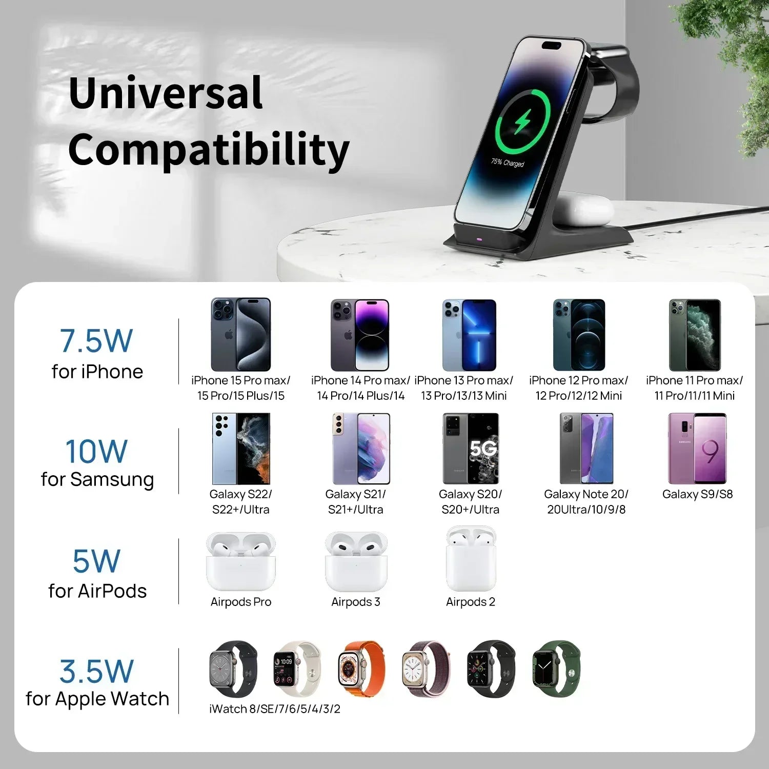 KPON 3-in-1 Wireless Charging Stand – Fast Charger for iPhone, Apple Watch & AirPods - Harotix