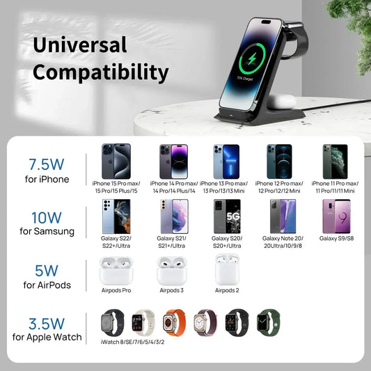 KPON 3-in-1 Wireless Charging Stand – Fast Charger for iPhone, Apple Watch & AirPods - Harotix